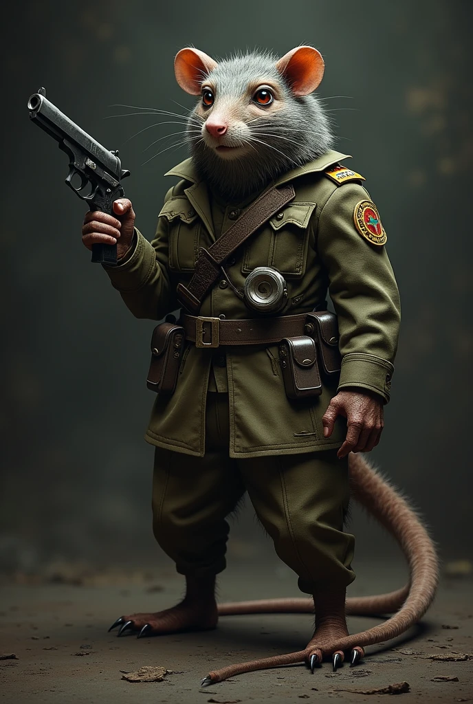 Draw a picture of a rat man wearing a military uniform and holding a pistol.