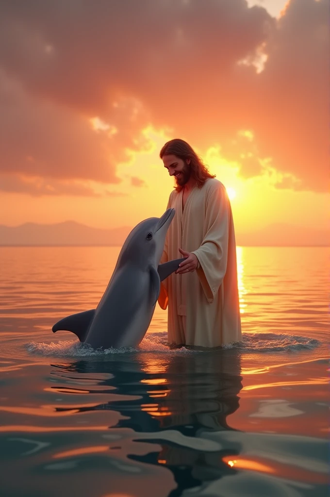 In a calm ocean at sunset, Jesus smiles warmly, facing forward as he lifts a friendly dolphin from the water. The hyper-HD quality captures the sleek texture of the dolphin's skin and Jesus’s joyful expression, with the warm colors of the sunset creating a magical scene."