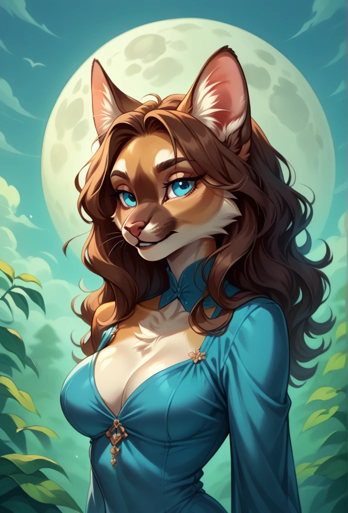 alone, score_9,score_8_up,score_7_up,(fluffy anthro furry :1.3), anthropomorphic furry Siamese cat with brown fur with sky-blue eyes, long curly brown hair, against the background of the moon and the forest, a beautiful, sophisticated girl, a dress with a corsage of sky-blue color, aesthetics of the 18th century 8K, artist: Wyla