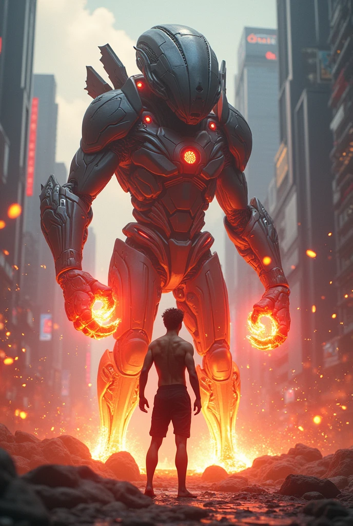 A 20 years old boy with cosmic power's and red fire and with tight suit fighting with big i-tech creature in modern city