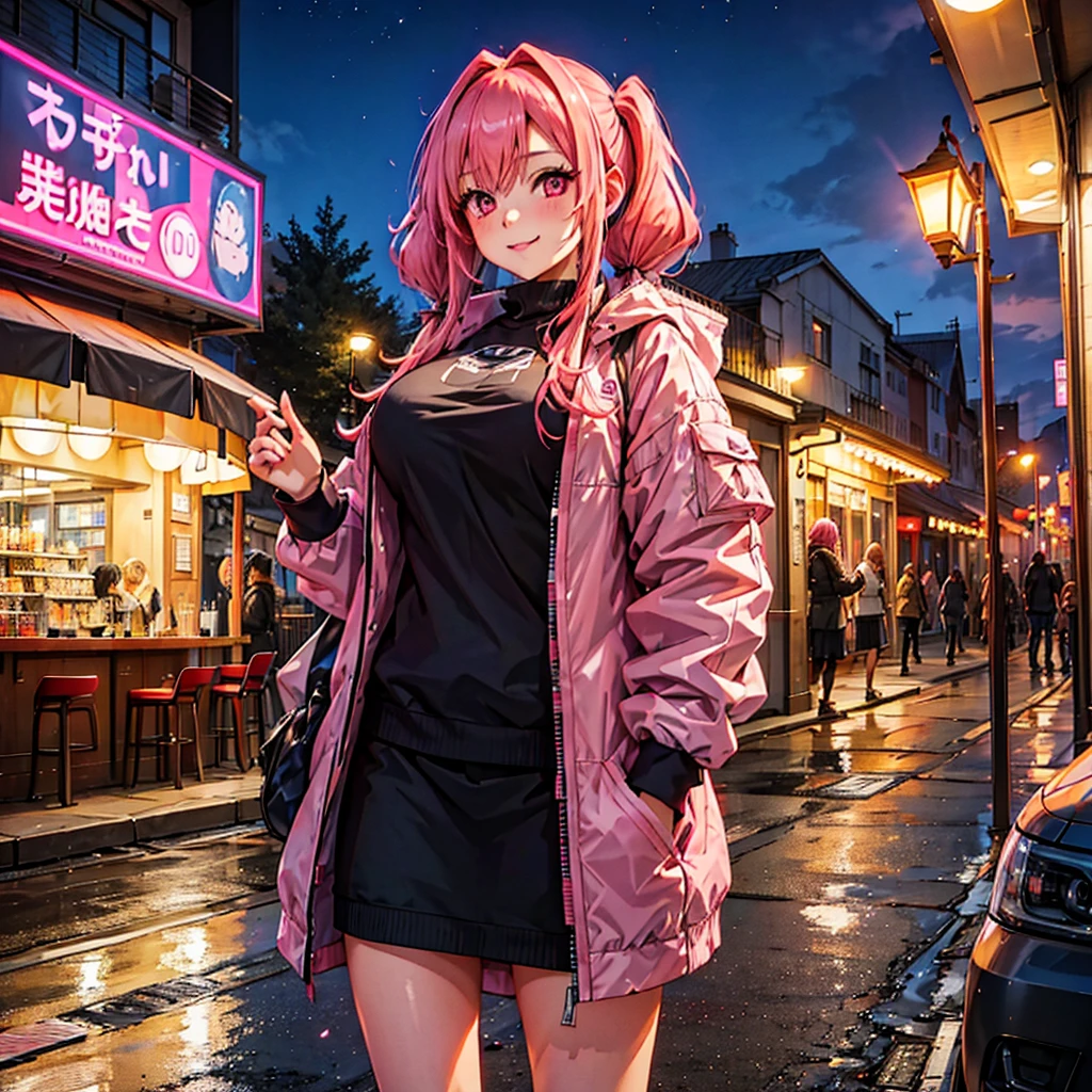 a woman with a cold coat, pigtails, pink hair with gray bangs, pink eyes, smiling, big breasts, toned thighs, in a park at night with a snack bar in the background, just one woman, solo,HDR, ultra resolution, very detailed, masterpiece, ultra quality, 4K HD.