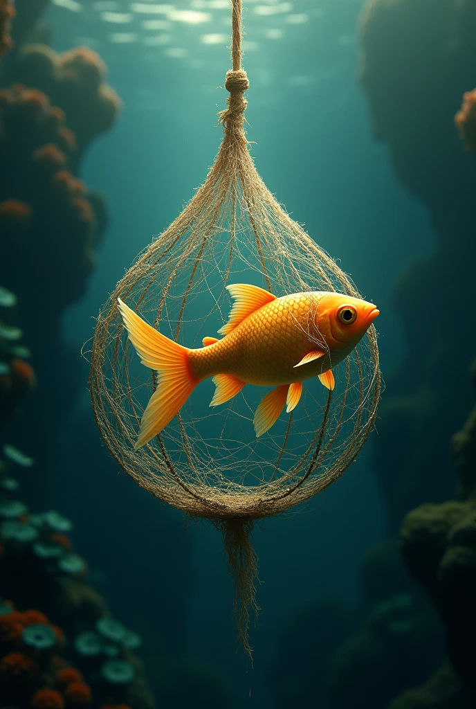 Golden fish caught inside a net . Write the name DMnet on it