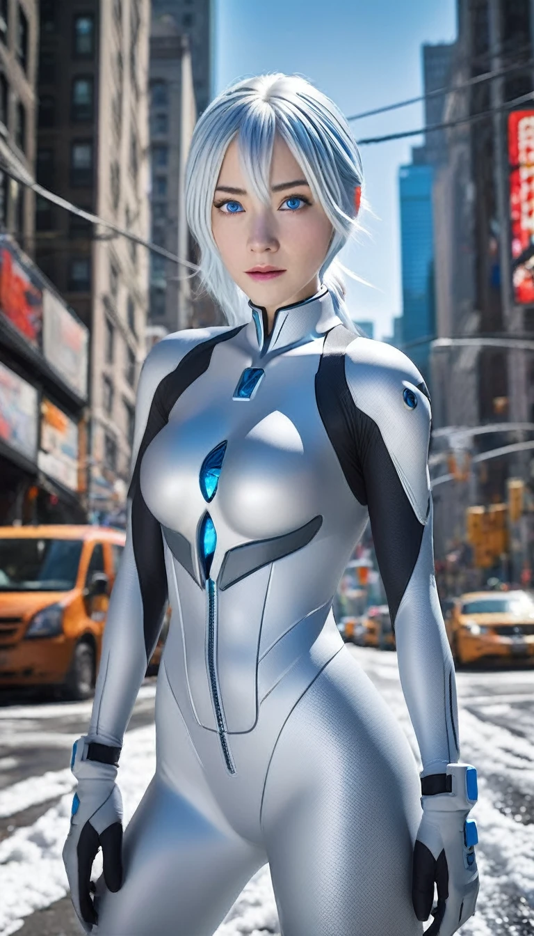 Elsa from "Frozen", wearing an evangelion plugsuit (pale blue:1.37), long platinum blonde hair in single braid, ice blue eyes, in various fighting poses, (wide angle shot:1.32), snow covered NYC street, highly detailed, photorealistic, 8k, (best quality,4k,8k,highres,masterpiece:1.2),ultra-detailed,(realistic,photorealistic,photo-realistic:1.37),HDR,UHD,studio lighting,extremely detailed,vivid colors,dramatic colors, EVA_Rei, erect nipples