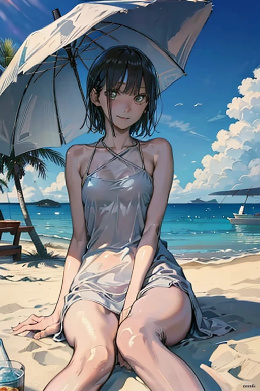 ruanyi0214,see-through,dress, ((best quality)), ((masterpiece)), (detailed), 1girl, sexly, ChinatsuKano, 
Realistic pubic hair,　High amount of pubic hair,　Thick pubic hair, embarrassed, seductive smile, drunken eyes,
Outdoor,wood,scenery,Chair,Beach,food,umbrella,palm tree,sand,null,Fruits Sea,table,water,  lounge chair, beach chair,plant,plant,dish,cloud,Shadow,Dazzling Light,
cup, shade,Bottle,beach umbrella,towel,bucket,boat,
(sitting), (raised leg invitation:1.2), (extreme close-up of thigh:1.5),  (The view is from very close below:1.5), Pushing hips forward, arms behind back,