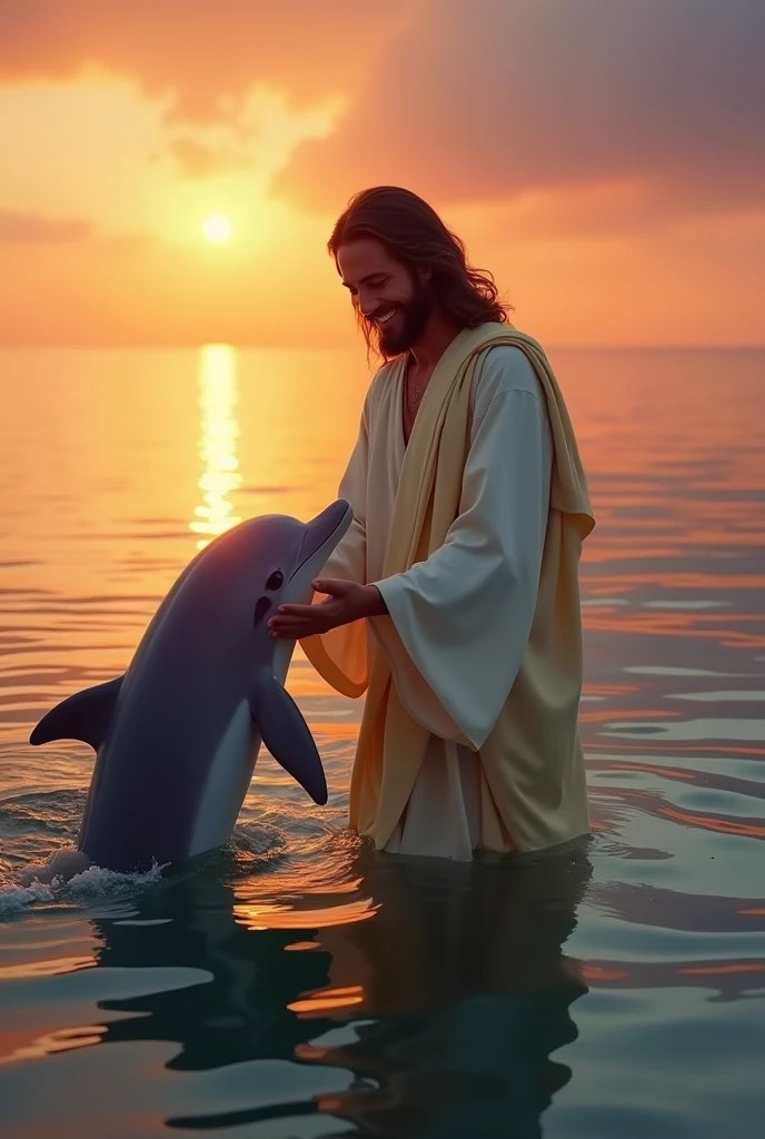 In a calm ocean at sunset, Jesus smiles warmly, facing forward as he lifts a friendly dolphin from the water. The hyper-HD quality captures the sleek texture of the dolphin's skin and Jesus’s joyful expression, with the warm colors of the sunset creating a magical scene."