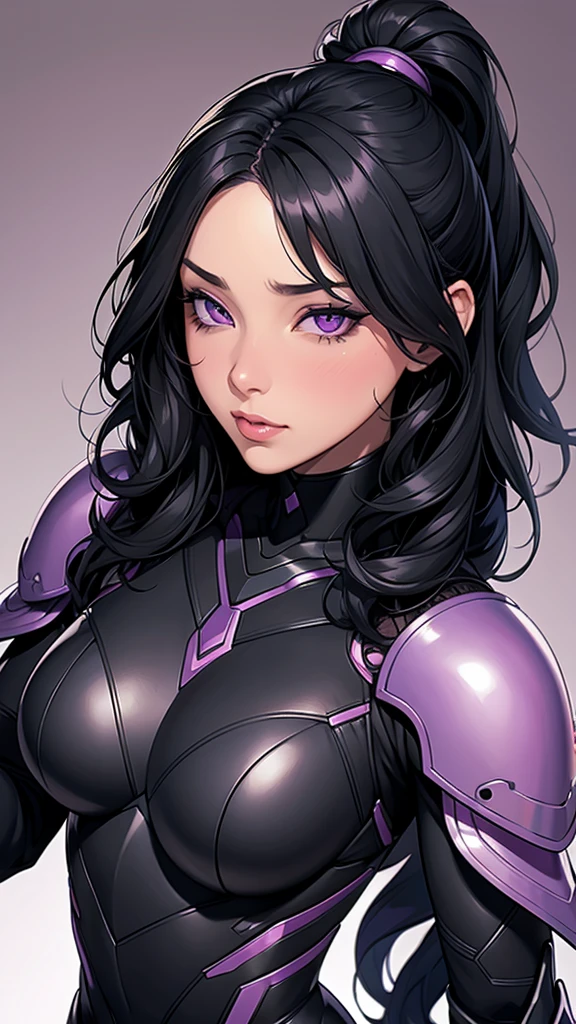 A woman with wavy black hair and purple eyes, Black alien armor, blush, eye shadow, Cute Face,listen don't,