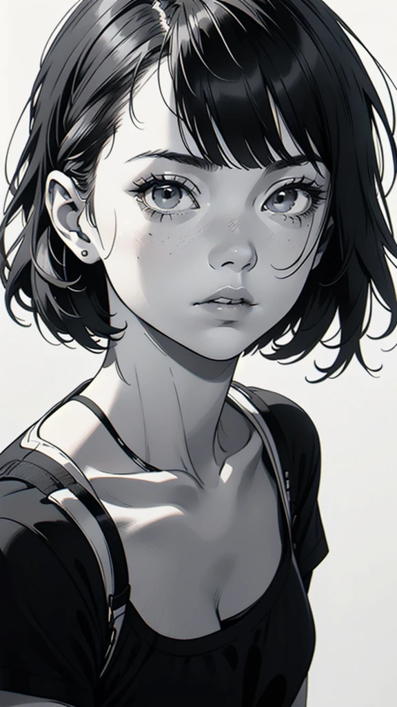 1 boyish girl, solo, sharp eyes, monochrome, greyscale, short black hair, portrait, white T-shirt, closed mouth, looking at viewer, graphite \(medium\), detailed lips, hatching \(texture\), without makeup, bangs, upper body, (best illustration), (best quality), (very detailed), (masterpiece), expressionless,