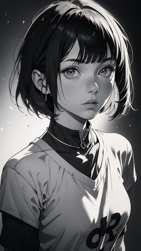 1 boyish girl, solo, sharp eyes, monochrome, greyscale, short black hair, portrait, white T-shirt, closed mouth, looking at viewer, graphite \(medium\), detailed lips, hatching \(texture\), without makeup, bangs, upper body, (best illustration), (best quality), (very detailed), (masterpiece), expressionless,