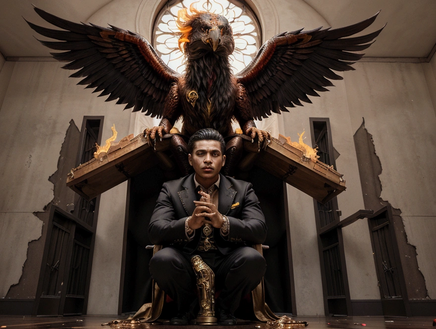 Combine the name: "SAM XVI" with a phoenix rising from the ashes, alongside a mansion of brilliant minds, wizards, and visionaries, in a gangster style, urban Venezuelan Latino.