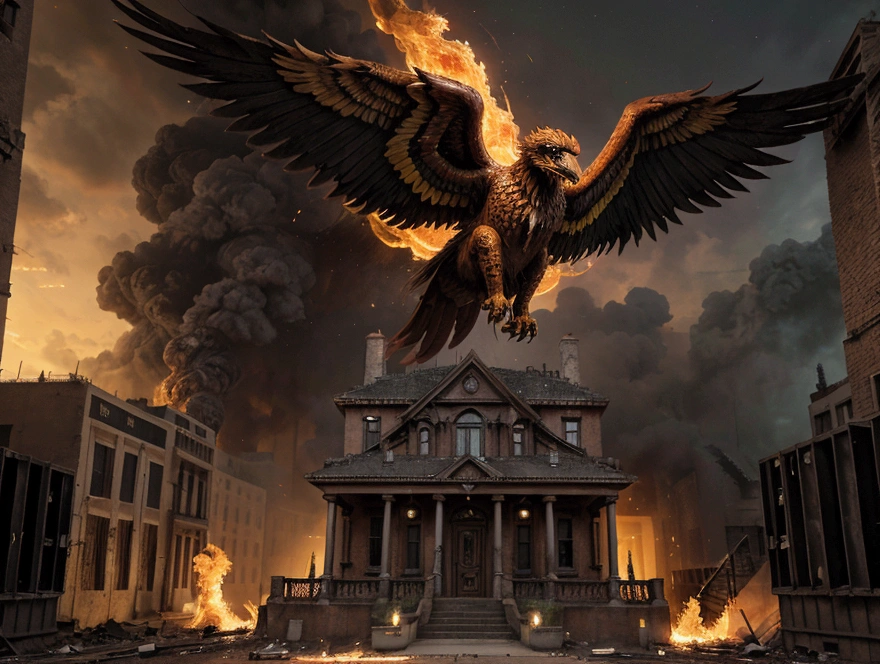 Combine the name: "SAM XVI" with a phoenix rising from the ashes, alongside a mansion of brilliant minds, wizards, and visionaries, in a gangster style, urban Venezuelan Latino.