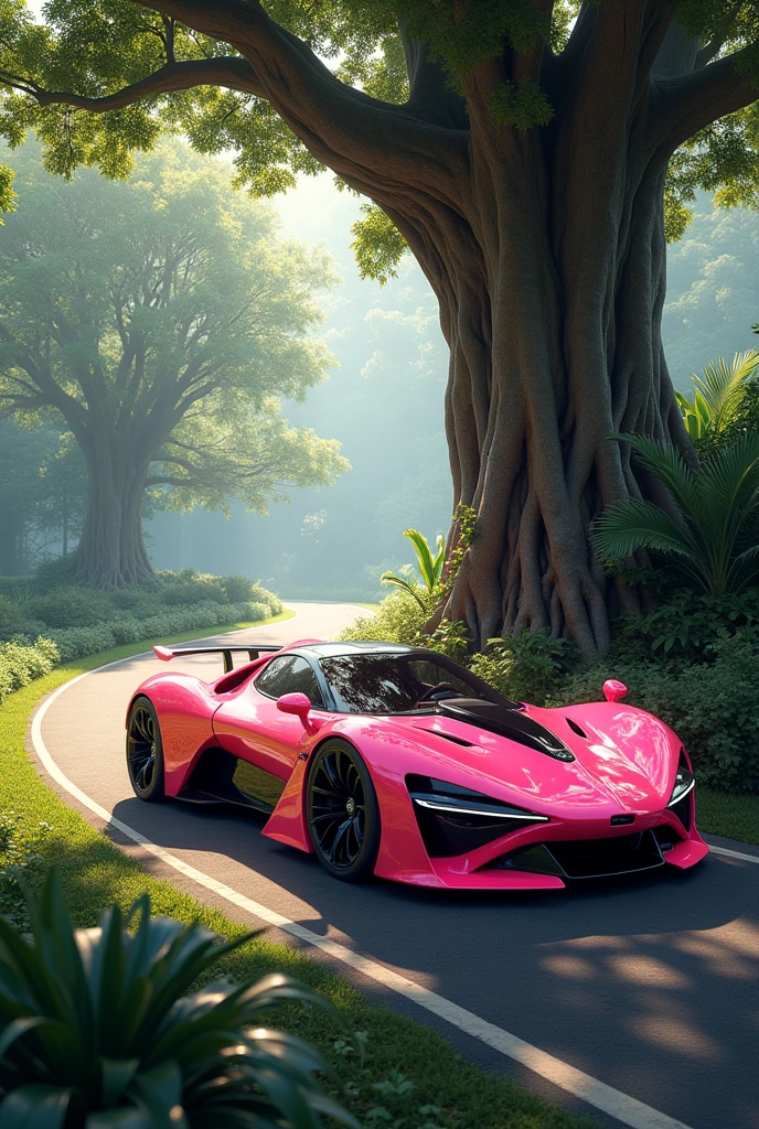 Flamingo super car , tree,in road,