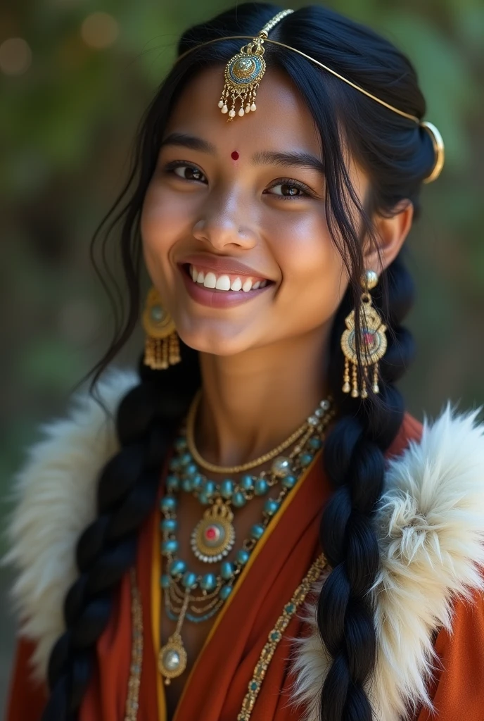 A girl, long braids, Indian girl, close-up, slightly raised head, smile, bust photo, upper body, appearance Yang transcendence, gorgeous Tibetan costume, cumbersome Tibetan necklace, cumbersome Tibetan headdress, fluff on clothes, white animal flull, real person CG, sweet style, film style, HD 4K