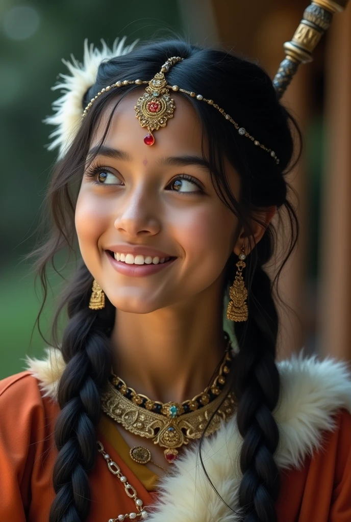 A girl, long braids, Indian girl, close-up, slightly raised head, smile, bust photo, upper body, appearance Yang transcendence, gorgeous Tibetan costume, cumbersome Tibetan necklace, cumbersome Tibetan headdress, fluff on clothes, white animal flull, real person CG, sweet style, film style, HD 4K