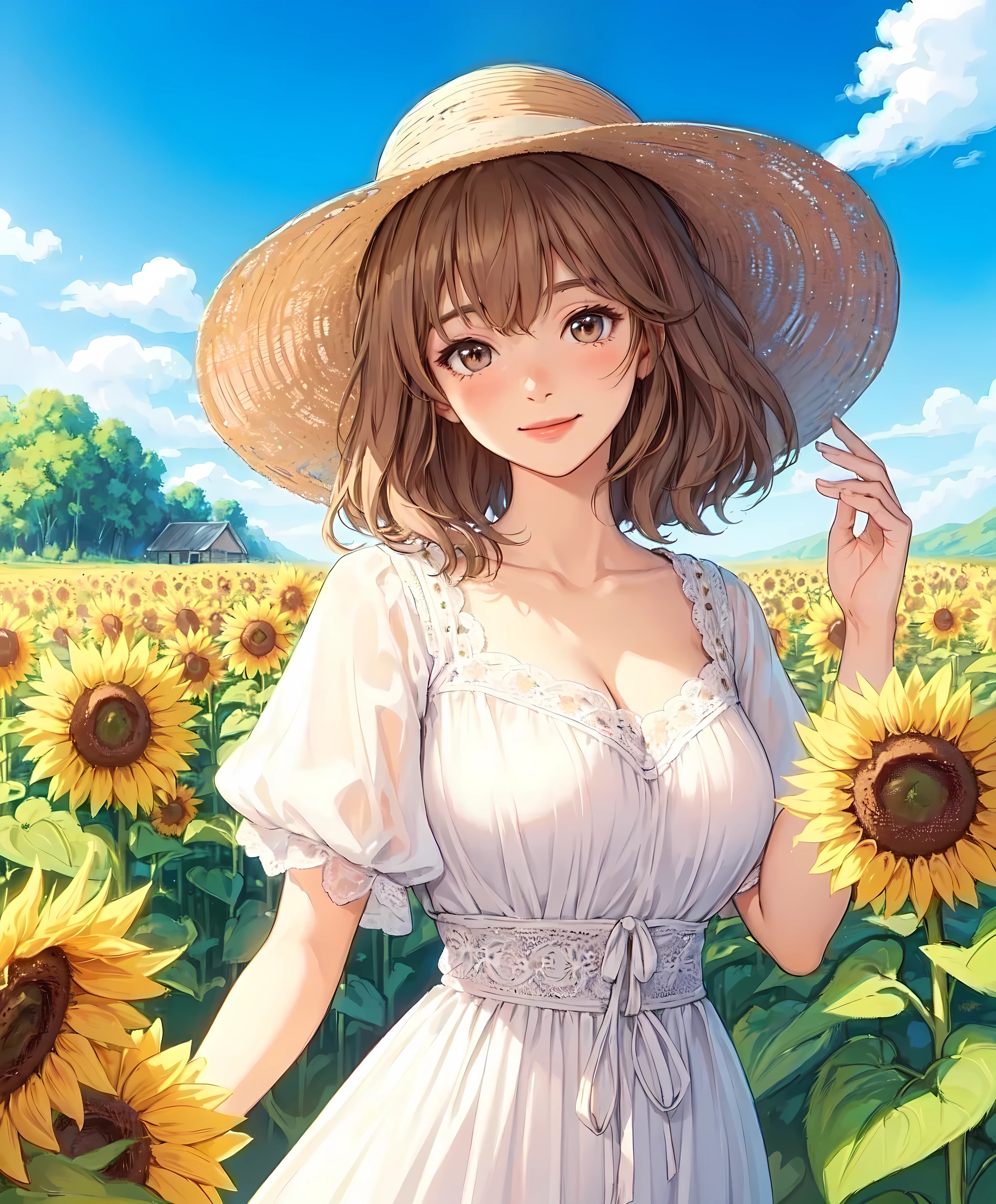 1lady standing, stylish outfit (refreshing attire), (sundress) (straw hat), (mature female:0.8), /(beige brown hair/) bangs, blush kind smile, (masterpiece best quality:1.2) delicate illustration ultra-detailed, large breasts BREAK (vibrant sunflower field) outdoors, blue sky, sunlight, detailed background