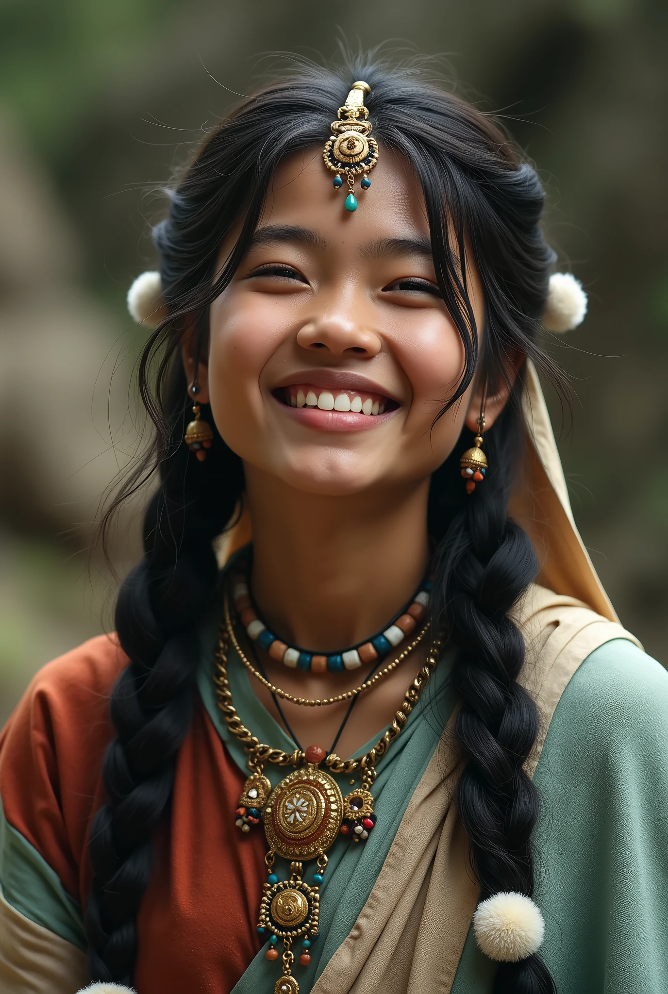 A girl, long braids, Indian girl, close-up, slightly raised head, smile, bust photo, upper body, appearance Yang transcendence, gorgeous Tibetan costume, cumbersome Tibetan necklace, cumbersome Tibetan headdress, fluff on clothes, white animal flull, real person CG, sweet style, film style, HD 4K