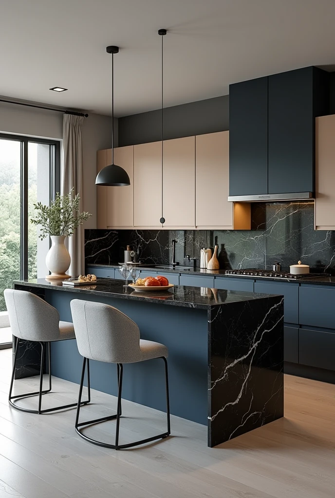 Professional 3d architecture rendering design of modern kitchen with   So dark blue vintage and dark beige  and dark gray  cabinets and  modern  so light  gray design chairs  shiny  black   marble island island and modern windows and complete showing kitchen and showing complete kitchen and modern windows and showing complete kitchen 