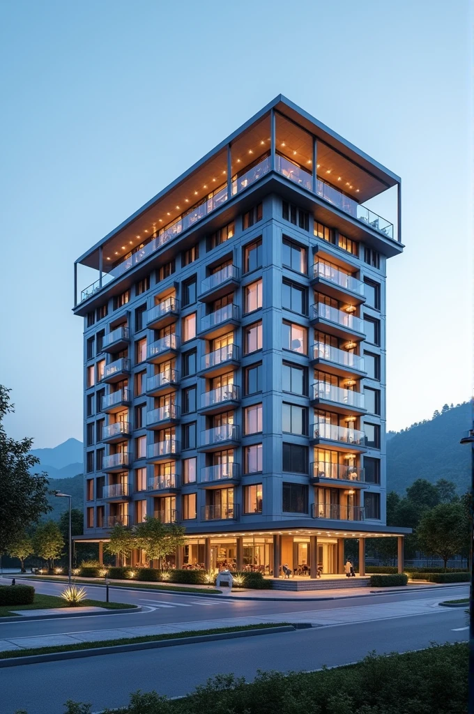 Create a modern G+15 Hotel building near highway in Srinagar Kashmir with plan of building 
