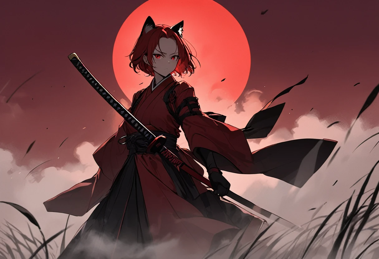 Ink drawn illustrations。Illustration of thick lines。Beautiful Face。A woman in scarlet ronin clothing。Beautiful feet。Messy red short hair。forehead。Cat ear。Cat Eyes。 White silver grass field。A world of thick fog,。Red Eyes。clothes are blowing in the wind。Serious expression。He holds a sword at his waist.。alone。Japan。black sun。Red Sky。Chiaroscuro,