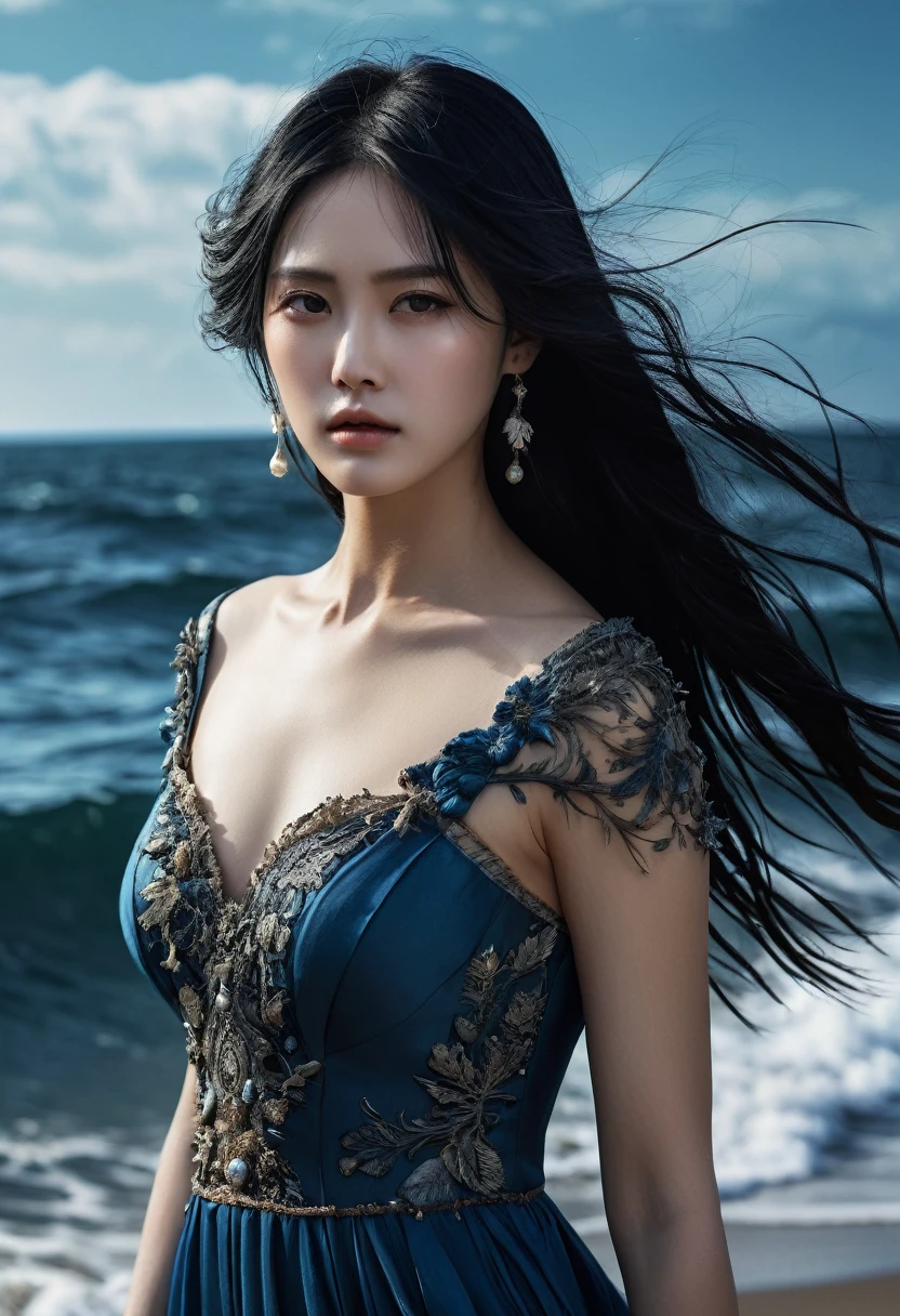 (1 character), genius extremely beautiful idol lady Keiko, (long blue and black hair, brown eyes, beautiful face), 1 genius extremely beautiful idol girl Keiko, vacant expression (on one's face), long sideburns, plants, long blue dress, 3d, dark ocean, water, blue Ball, sea shells, windy, intricate details High Quality, 8k, Realistic, Ultra-Detailed, Dramatic Lighting, Soft Focus, Digital Illustration, Intense Expression, Strong Gaze, Intense Emotion, Complex Mechanics, Advanced Technology, Dark Background, Cinematic, High Contrast, Moody, Strict, Atmosphere, (Best Quality, 4k, 8k, High Definition, Masterpiece: 1. 2 ), ultra-detailed, (realistic, graphic, photorealistic:1.37) --no glass