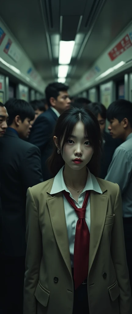 (32K:1.9, Horror depictions:1.9, Highest quality, masterpiece, Ultra-high resolution, Professional random angle camera work:1.5, Very detailedな肌と顔の質感:1.4), Always accurate, Very detailed, bag, (Cute Japan schoolgirl:1.3, A high school girl's blazer uniform with a red tie:1.5, Incredibly slim body:1.3, areola is not visible:1.4, Big breasts on the verge of collapse), ((Crowded train:2.0, Crazy behavior:1.9, in the train、Two middle-aged men hugging a woman from behind:1.7)), belt, Fair skin, elegant, sense of cleanliness, Thin eyebrows, (Scared expression:1.0, Confused expression:1.0, A look that shows deep contempt for you:1.0), (Big eyes that exude beautiful eroticism:0.4, Open your mouth a little, lipstick, Feel the beautiful eroticism:1.0, Dark brown ponytail), Earrings, necklace, bracelet, romantic, mysterious, Object of admiration, original, dramatic, artistic, Innovative, charm, Heartful, Fancy, Tilt, sense of loss, special, ((exciting, Extreme, sense of openness, suffering, sufferingの表現)), ((Mistakes of Youth, 女性的なcharm))