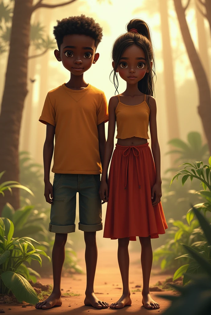 An africa. boy and a girl stan
ding saying no