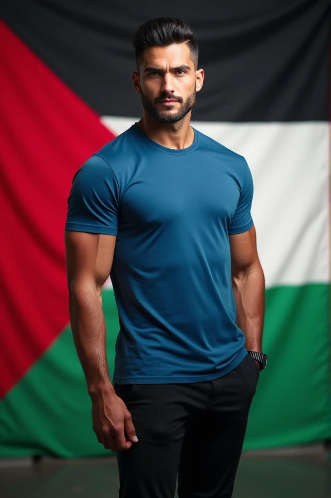 Palestine flag full background and a handsome hot guy is standing after that background wearing blue tea shirt and black trousers clear and realistic 