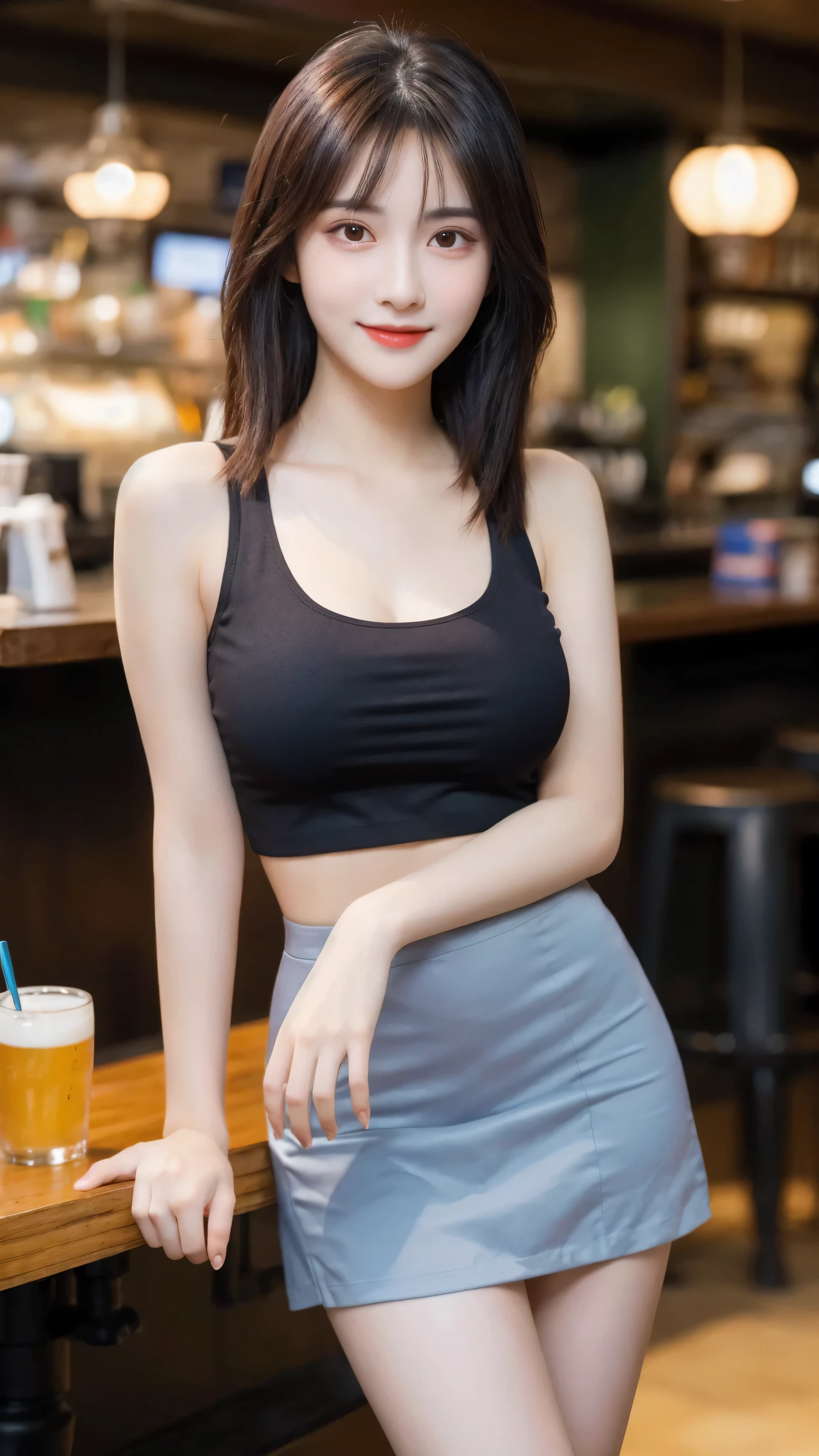 (8k, RAW Photo, Best Quality, Masterpiece:1.2), table top, Ultra Detail, Super Resolution, (Realistic, Realistic Photo:1.37), Portrait, High Detail RAW Color Photo, Professional Photo, Extremely Detailed and Beautiful, Extremely detailed, 8k wallpaper, amazing and detailed, huge file size, official art, highly detailed CG unity 8k wallpaper, highly detailed beautiful girl, highly detailed face, highly detailed eyes, highly detailed skin, highly detailed fingers, highly detailed nose, very detailed detailed mouth , perfect anatomy, highly detailed background, highly detailed clothes, 1girl, ,cute girl, realistic body, fair skin, glowing skin , slim body, handsome body, black hair , Semilong hair, (blunt bangs:1.2), smile, cute, youthful, cute face, realistic face, delicate eyes, drooping eyes, looking at viewer,  standing posture, Contraposto, dynamic lighting, (medium breasts), (Perfect Body Proportions), (slender Body Proportions), (tank top), (mini skirt), (Inside the pub),