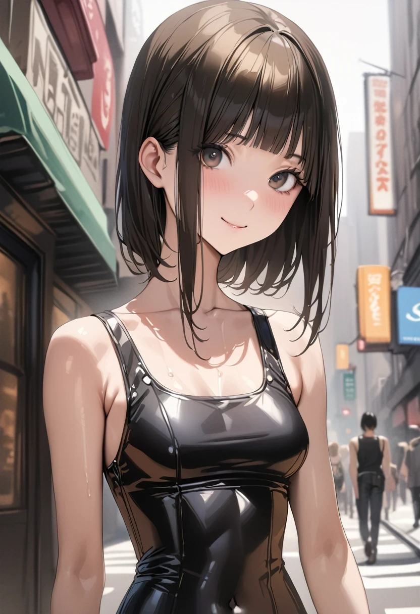 ((masterpiece,best quality anime,Highest quality:1.3)),realistic,portrait、upper body,1woman,(30 year old beauty),((very small head:1.4)),((very long body:1.4)),(very short bob hair),black hair,(gorgeous big eyes),black eyes,smile,((slender body:1.4,skinny:1.3)),medium breasts(Punk Fashion、navel、Tank top,Black leather mini skirt),oily skin,gleaming skin,shiny skin,standing,on street,New York City、