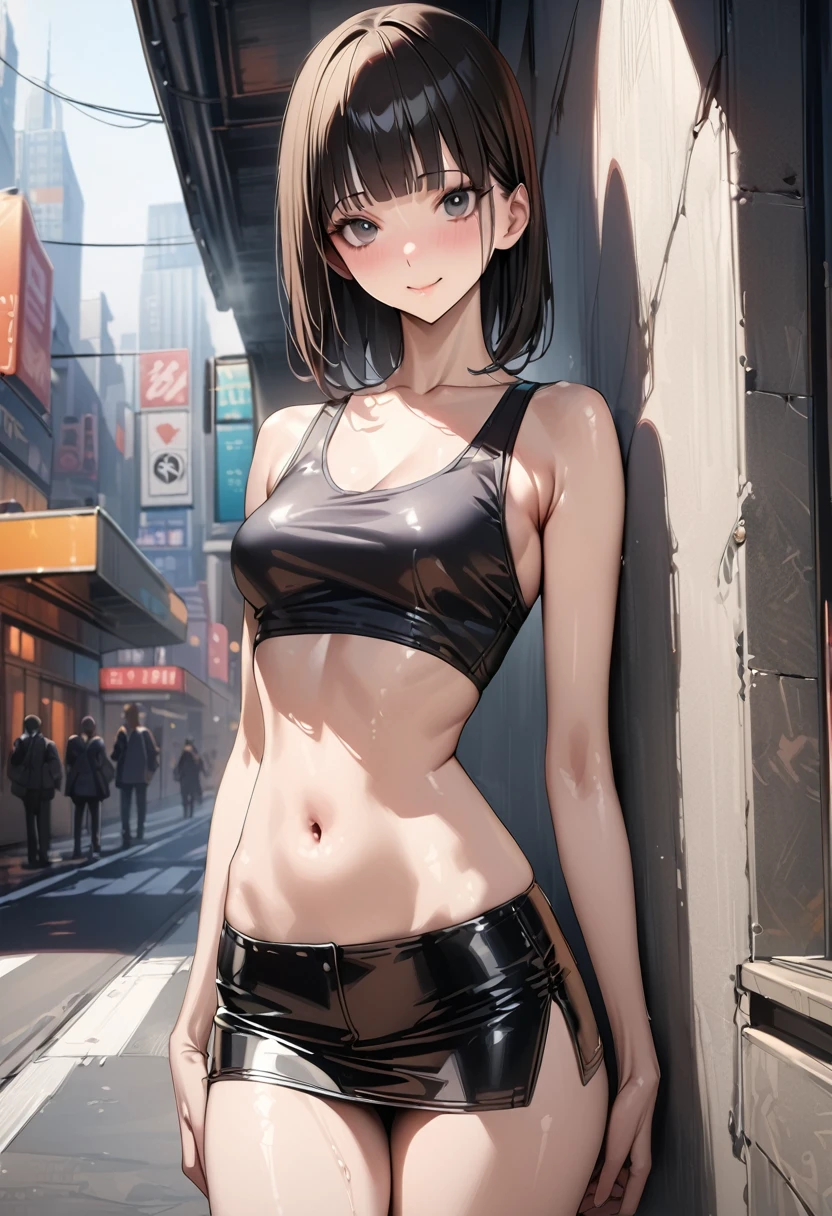 ((masterpiece,best quality anime,Highest quality:1.3)),realistic,portrait、upper body,1woman,(30 year old beauty),((very small head:1.4)),((very long body:1.4)),(very short bob hair),black hair,(gorgeous big eyes),black eyes,smile,((slender body:1.4,skinny:1.3)),medium breasts(Punk Fashion、navel、Tank top,Black leather mini skirt),oily skin,gleaming skin,shiny skin,standing,on street,New York City、