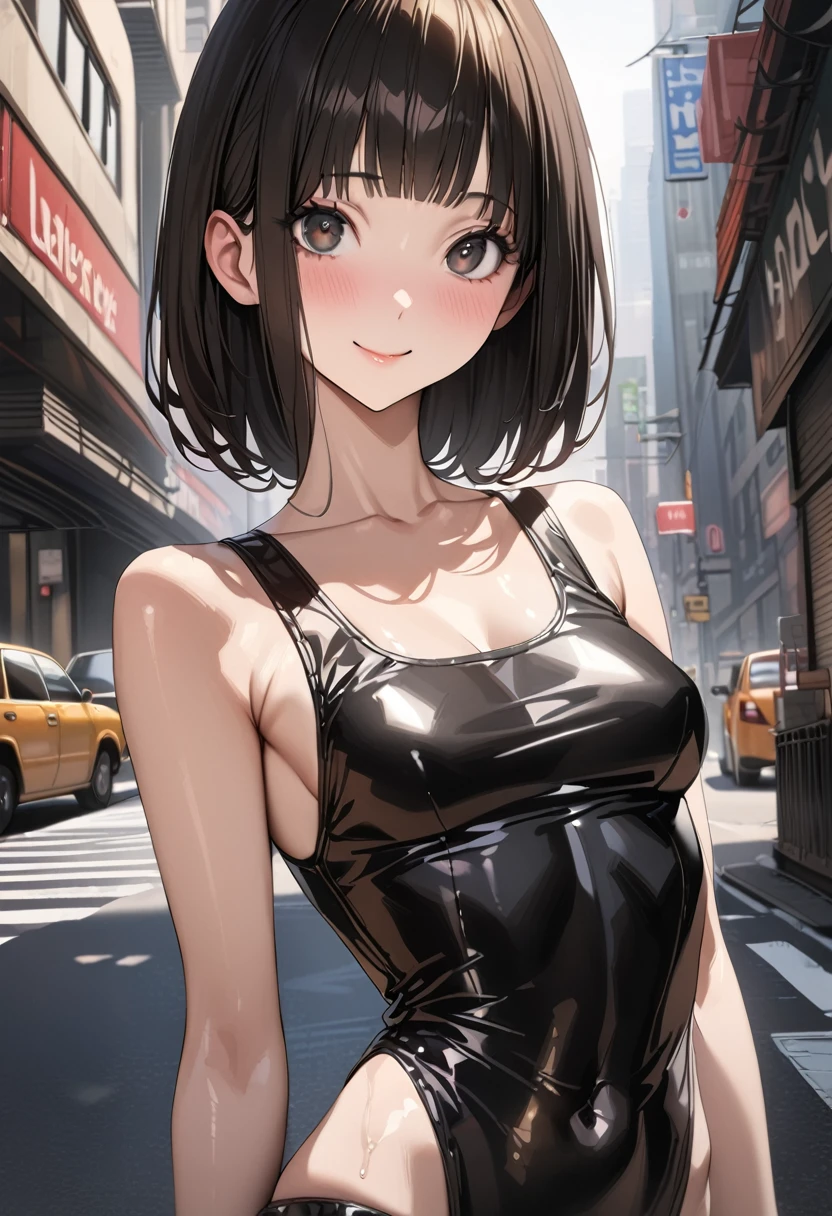 ((masterpiece,best quality anime,Highest quality:1.3)),realistic,portrait、upper body,1woman,(30 year old beauty),((very small head:1.4)),((very long body:1.4)),(very short bob hair),black hair,(gorgeous big eyes),black eyes,smile,((slender body:1.4,skinny:1.3)),medium breasts(Punk Fashion、navel、Tank top,Black leather mini skirt),oily skin,gleaming skin,shiny skin,standing,on street,New York City、