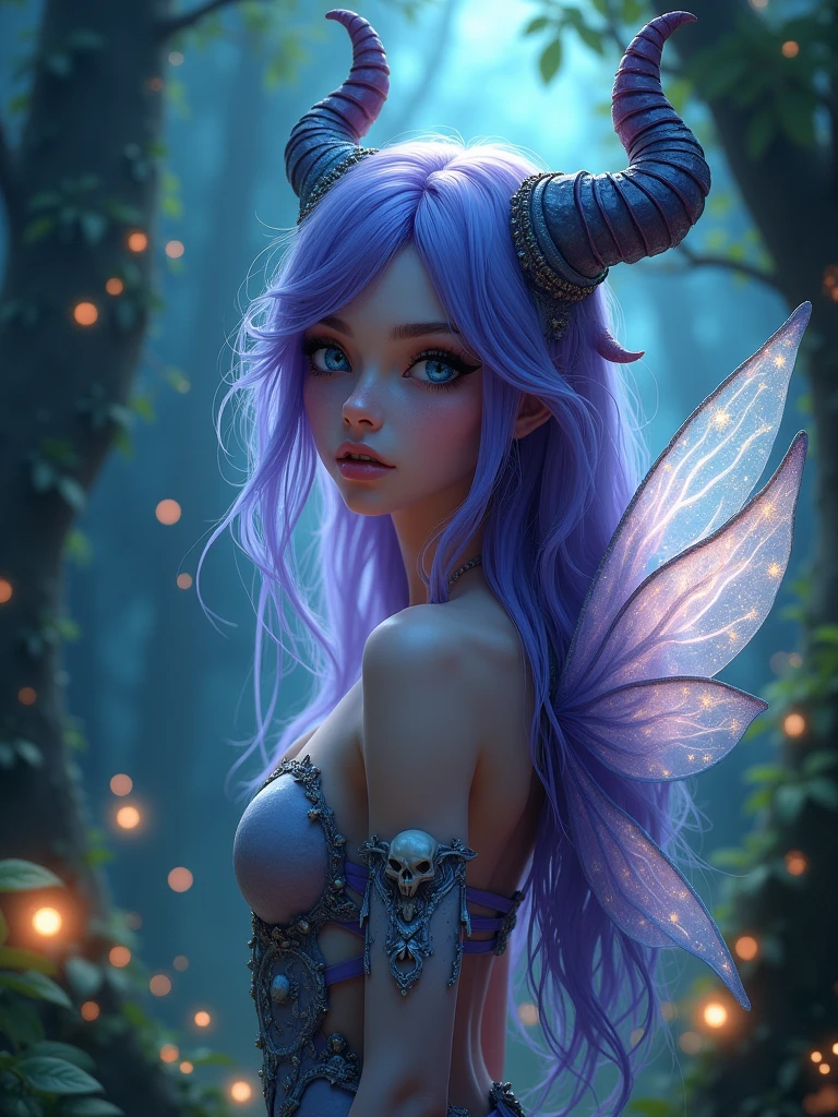 A pretty girl as a fairly, with wings , detailed face, detailed hair, in a forest wearing a skull with horns on head head, purple long hair, blue eyes, real cartoon 3D, with some small light flies flying around her, fantasy, night version, sparkling riches, highest quality, facing backwards