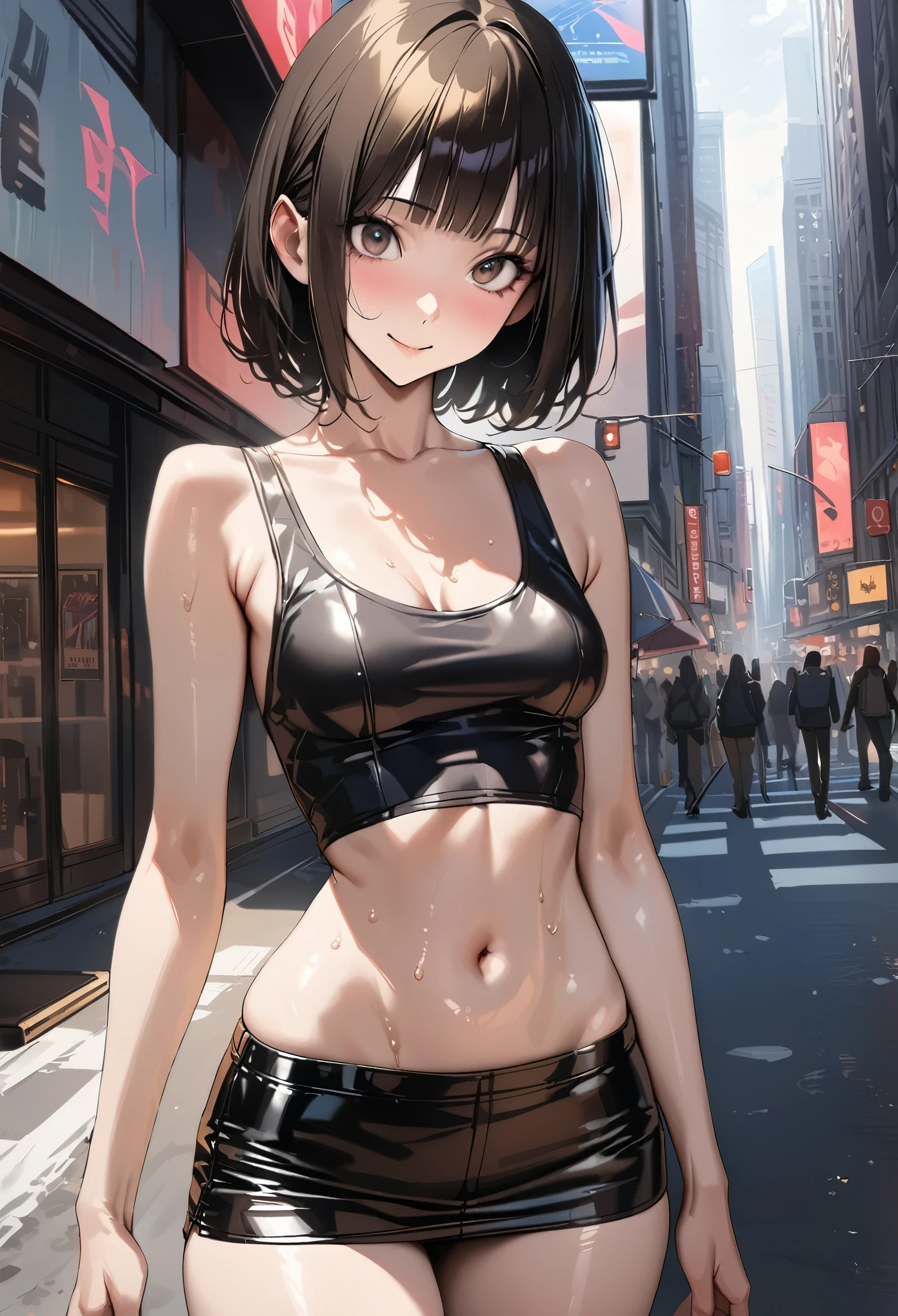 ((masterpiece,best quality anime,Highest quality:1.3)),realistic,upper body,1woman,(30 year old beauty),((very small head:1.4)),((very long body:1.4)),(short bob hair),black hair,(gorgeous big eyes),black eyes,smile,((slender body:1.4,skinny:1.3)),medium breasts(Punk Fashion、navel、Tank top,Black leather mini skirt),oily skin,gleaming skin,shiny skin,standing,on street,New York City、