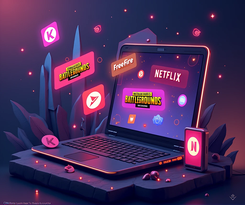 Create a vibrant and professional theme for a group called 'Premium Account Deals,' focused on buying and selling accounts. The design should include logos of popular platforms such as Konami, PUBG Mobile, Free Fire, and Netflix. The overall style should be dynamic and engaging, emphasizing trust and quality deals. The background should be sleek and modern, using bold colors that match the logos, creating a sense of exclusivity and value