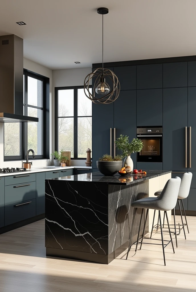 Professional 3d architecture rendering design of modern kitchen with So dark blue vintage and dark beige and dark gray cabinets and modern so light gray design chairs shiny black marble island island and modern windows and complete showing kitchen and showing complete kitchen and modern windows and showing complete kitchen