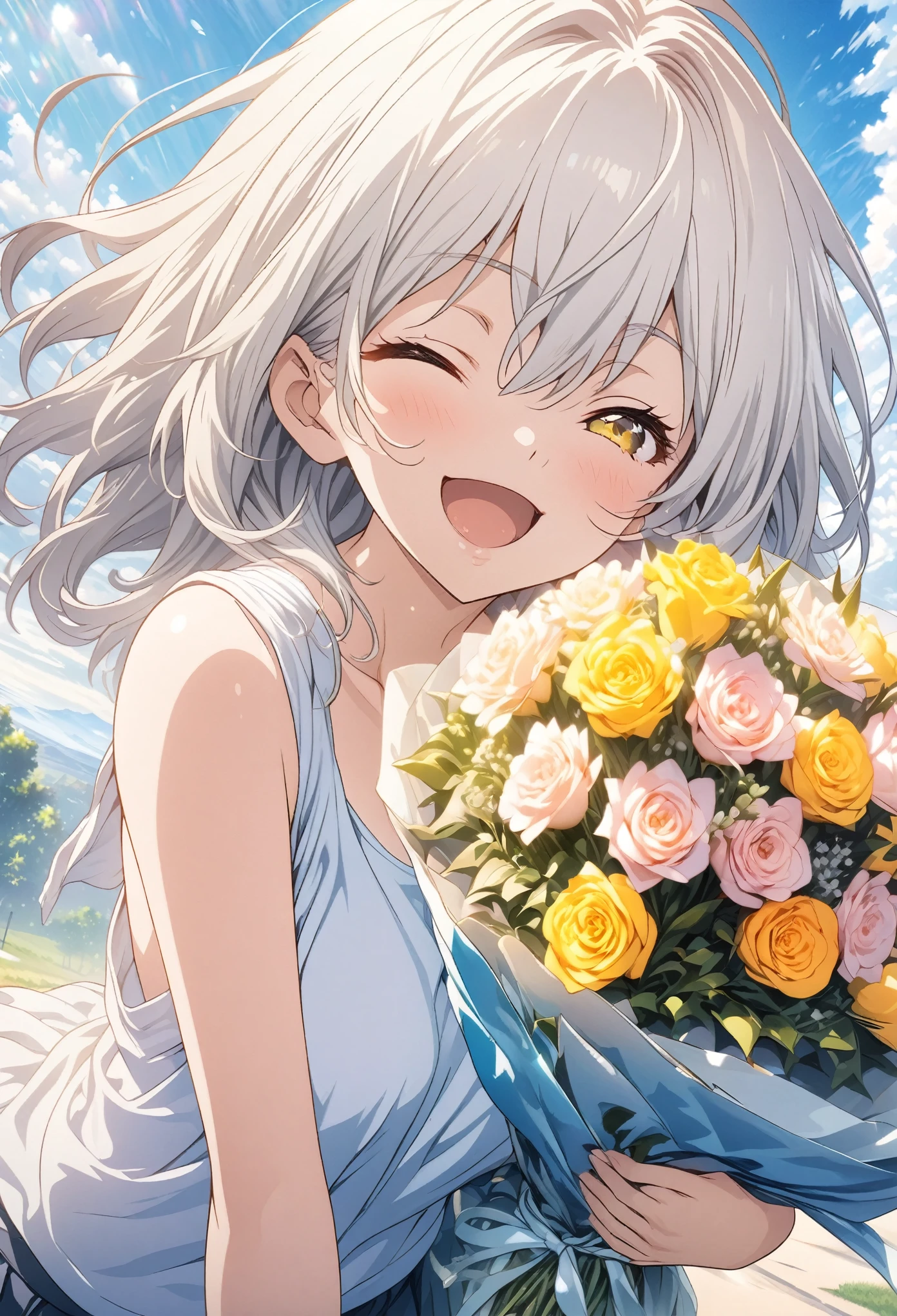 masterpiece, Highest quality, Highly detailed CG Unity 8K wallpapers, High School Girl Anime Illustration. Wear an oversized tank top、Holding a bouquet、Gun pose、she has her eyes closed and mouth open, smile. The background is a light pastel colored landscape...., white hair color, Yellow Eyes