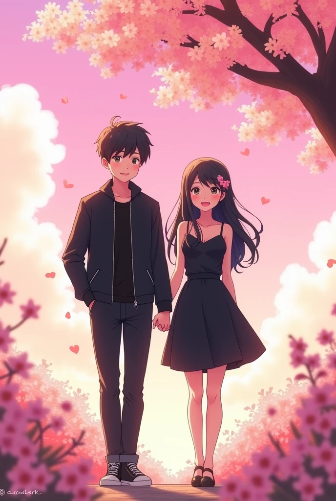 Anime cute couple, black outfit, happiness Pal Pal sky Light pink tree
