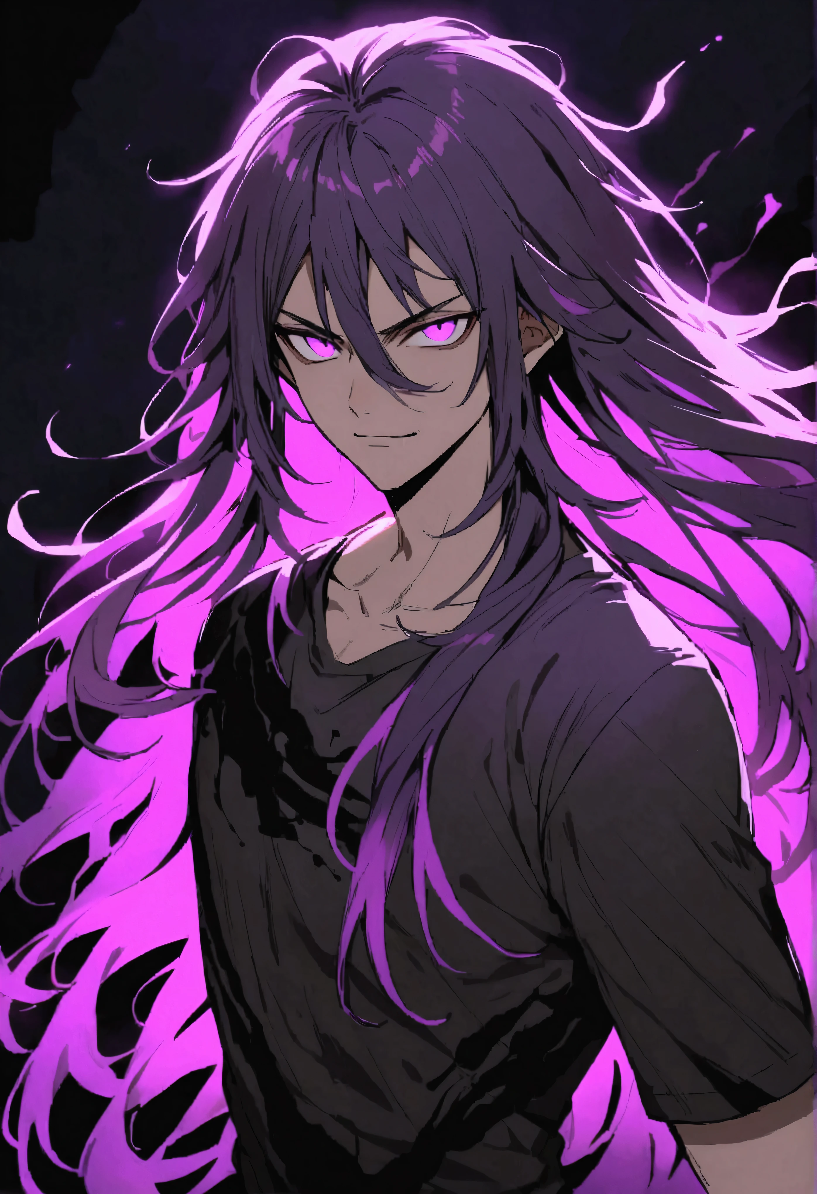 teenage boy, tidy hair, long hair, Bright purple hair, big strip, bright purple eyes, serious face, simple smile, ripped wide gray shirt, many black tattoos on the body, dark aura around the character.