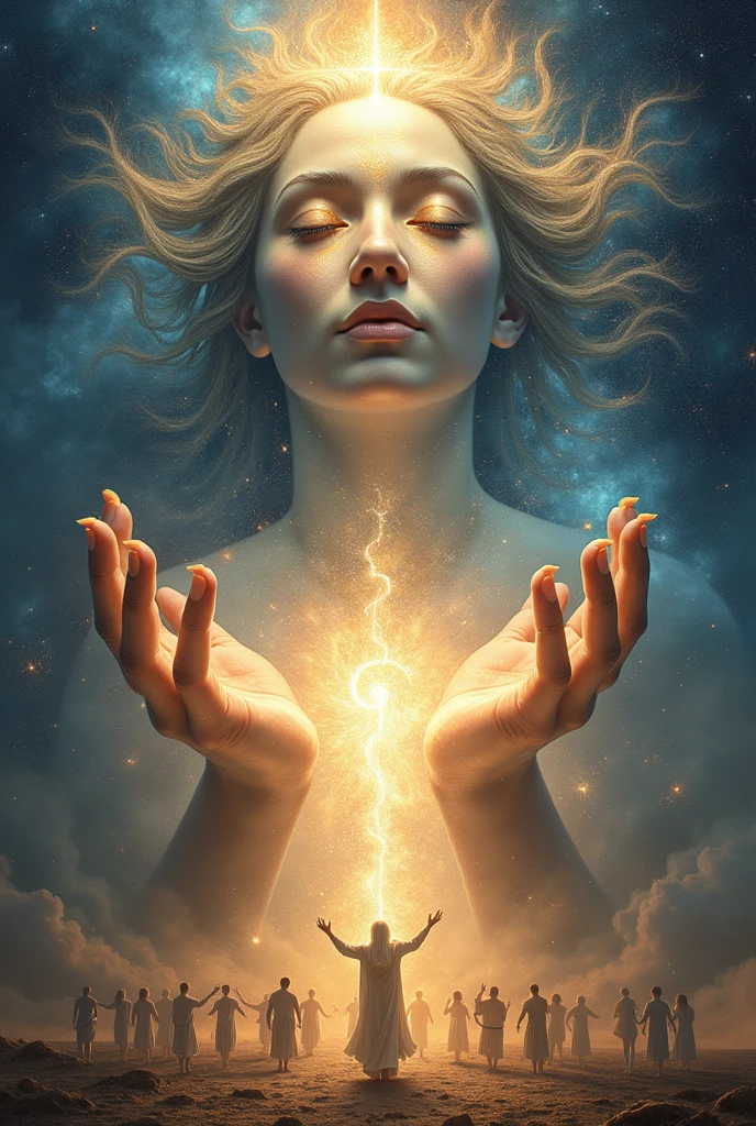 Face of God extends hands to humanity with eyes of light and galaxies observing humanity humanity walking towards God in lines of time and space planet earth rays thunder universe planets galaxies stars of light mandalas