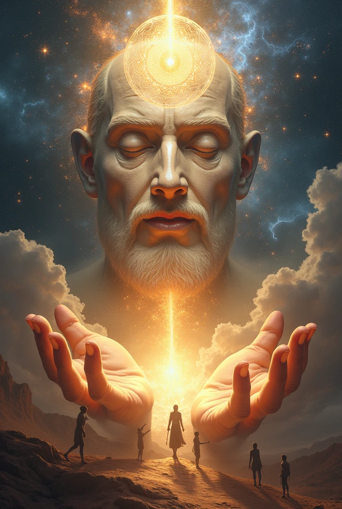Face of God extends hands to humanity with eyes of light and galaxies observing humanity humanity walking towards God in lines of time and space planet earth rays thunder universe planets galaxies stars of light mandalas