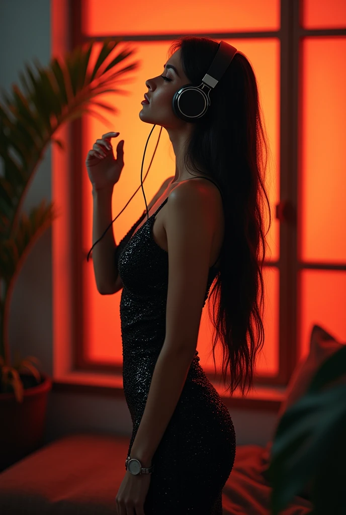 (photorealism:1.2), beautiful woman, stand in room, wear headphone, wearing black sparkling dress, long straight black hair, indoors, soft red lighting, plants and big screen in background, cozy room, relaxed pose, realistic, intricate details, warm colors, by Greg Rutkowski, by Alphonse Mucha