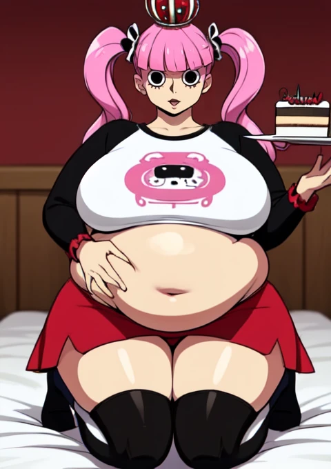 (masterpiece, best quality), 1girls, big belly, blurry background, huge belly, art by kipteitei, round belly, chubby, curvy, pink pony tails, red mini skirt, (( wearing black and white horizontally striped thigh highs)),  castle background, belly bursting out of white long sleeved reglan tee shirt ,((( white long sleeve tee shirt))), (((wearing a black and red crown))) , enormous belly, fat belly, thicc, bigger belly, really big belly, jiggly belly, giant huge belly, big enormous belly, ((((gigantic belly)))), bloated belly, fat belly, ginormous big belly, expanding big belly, sfw, safe for work, kneeling on bed, sfw (safe for work), perona , (((a person out of frame is feeding her cake, cake is being shoveled into her mouth, her lips are closed around a slice of cake, a platter of cake, she has her mouth open wide f))), sweating, blushing, (mouth open wide, she is saying aaah), ((her belly is being grabbed and played with by floating hands)), she is wearing tall red laced up boots, (((wearing red capelette draped over her shoulders with wool on the edges)))