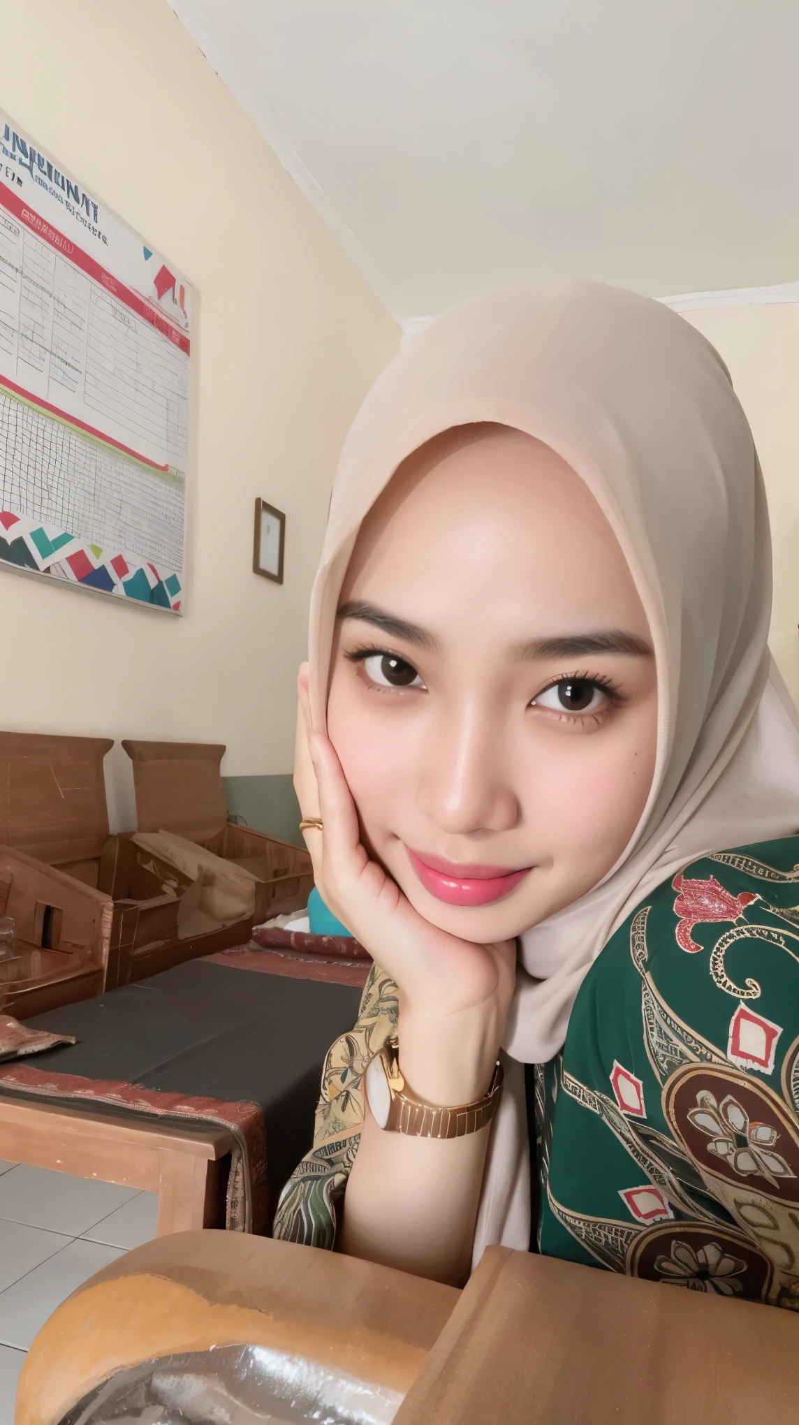 RAW photo of a 2 girl wearing hijab,((smile)), highres, high definition quality, realistic), one MalaysianIndonesian women naked, (topless, nude), plump saggy breasts, ((hijab)), (Droopiest Breast)), (realistic skin texture), POV shot, n, ( big Breast)),((tp background)), 8k uhd, dslr, soft lighting, high quality, film grain, Fujifilm XT3, covered dress, patterned dress, gigantic breasts:1.5 , ((HD))