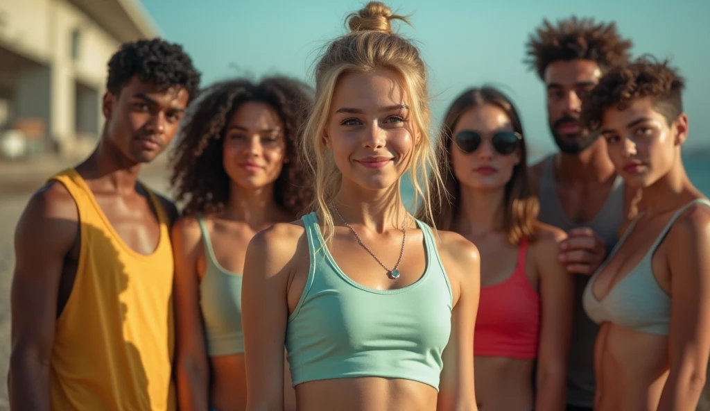 Photo of a age girl in skater fashion and her male and female friends. Everyone is wearing a tank top. Like a scene from a movie