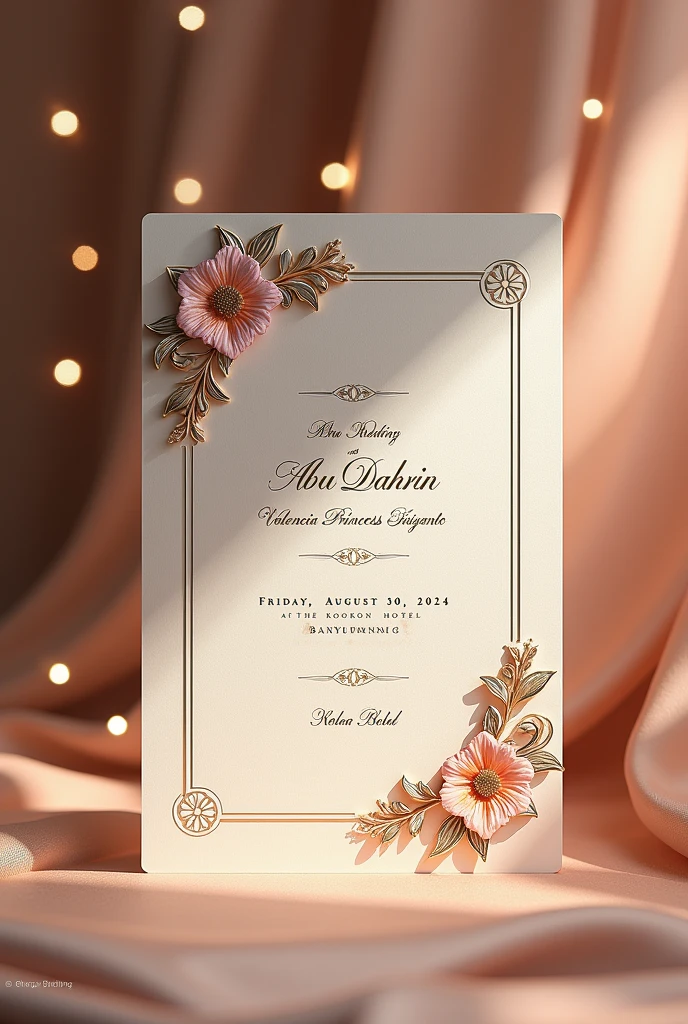 (photorealism:1.2), 3rd wedding invitation " ABU DAHRIN" with * VALENCIA PRINCESS SUIYANTO"
Friday, August 30, 2024 at 19:00.00 kookon hotel banyuwangi