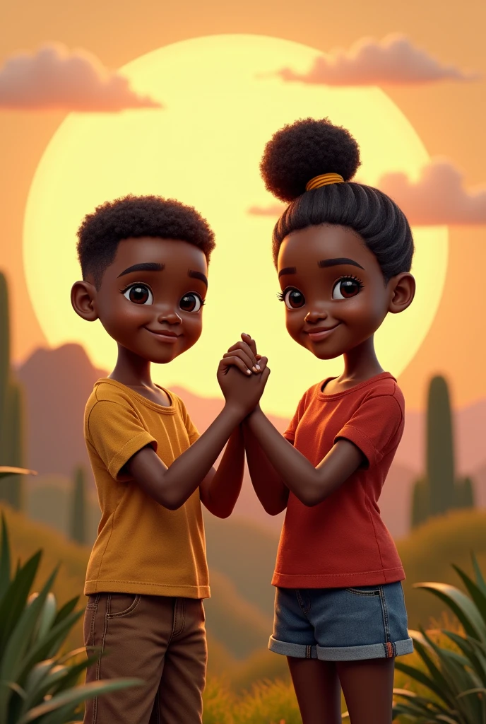 An africa. boy and a girl stan
ding and crosing hands to say no