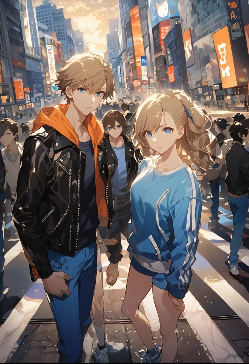 masterpiece, Best Quality, 8k ,4k, Size, wallpapers, anime style, only 2 characters, Young boy and girl, 18 years, (A girl, long light brown hair with light blue eyes., Clean and tidy clothes, wear a seasonal dress, well formed body, toned body, great bust and thighs,.) (A young man, White skin, black messy hair, bright gray eyes, SERIOUS LOOK,. Clean and tidy clothes, He wore an orange Hoodle, blue jeans, y sneakers, athletic body), , They pose side by side, separdos, in the middle of shibuya crossing, Inspired by artist Shunsaku Tomose: ask, Art Style : ask