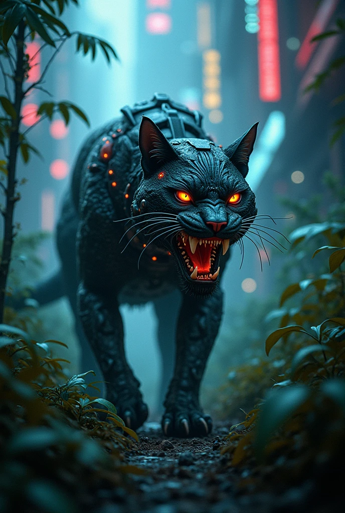 Saber toothed in dark night jungle cyber punk