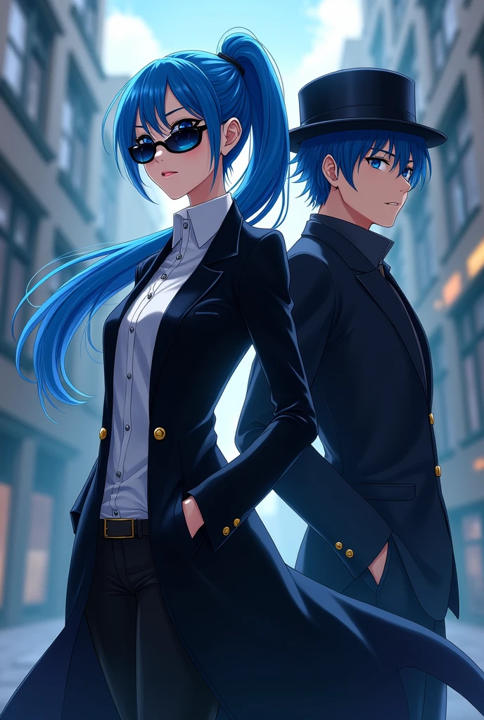 Anime girl with blue hair and eyes in a long ponytail, , wearing a long black coat, sunglasses and a hat, standing next to a young man with. Same hair and eyes but bigger