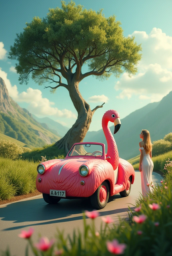 Flamingo car , tree,in road, a lady