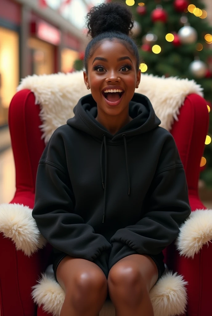 Black woman wearing leather short shorts and black hoodie hair in a bun setting on santas lap in the mall. The look on her face is eyes wide open and excited